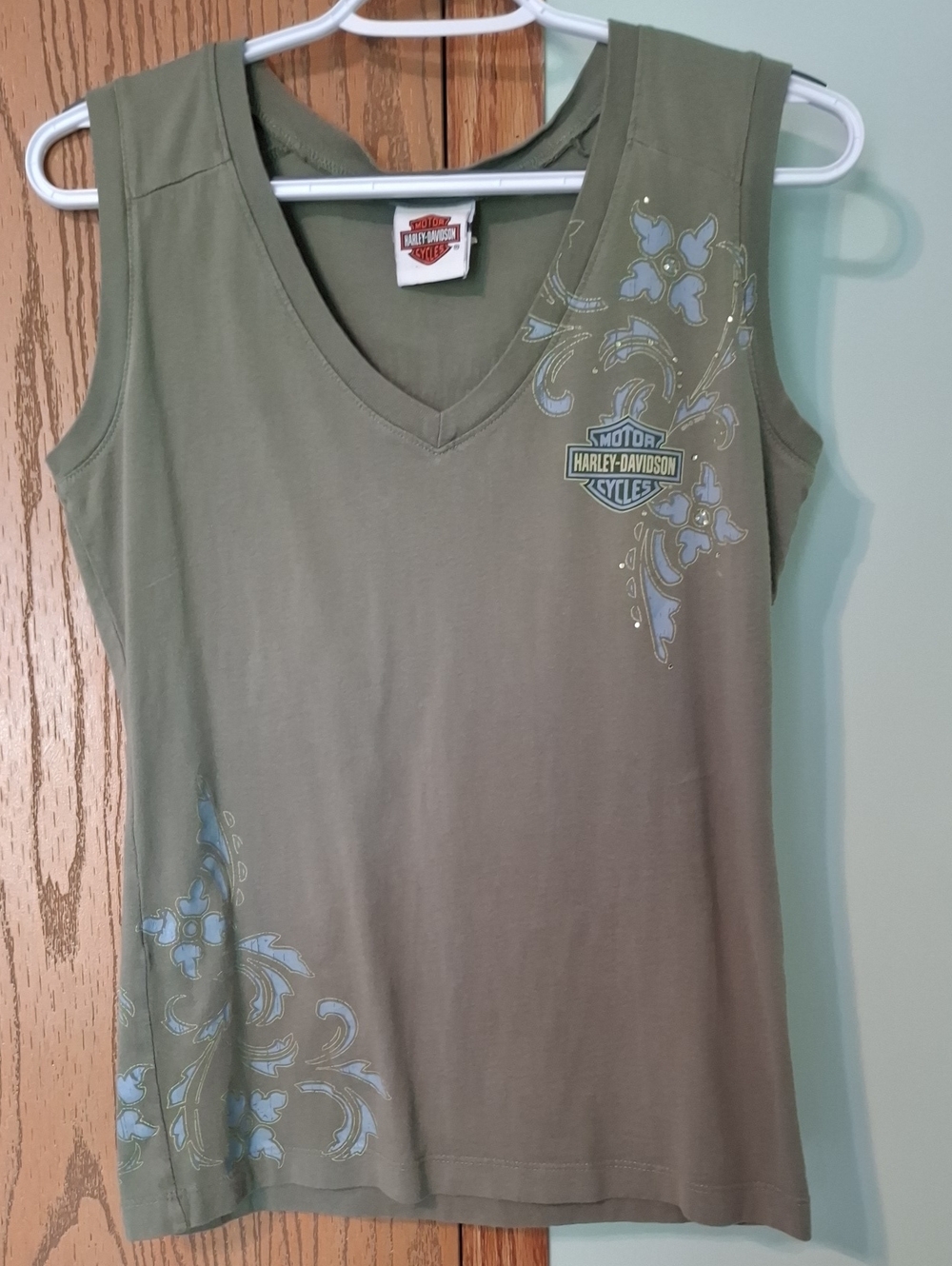 Harley-Davidson Olive Green V-Neck Tank with Blue Floral Accents